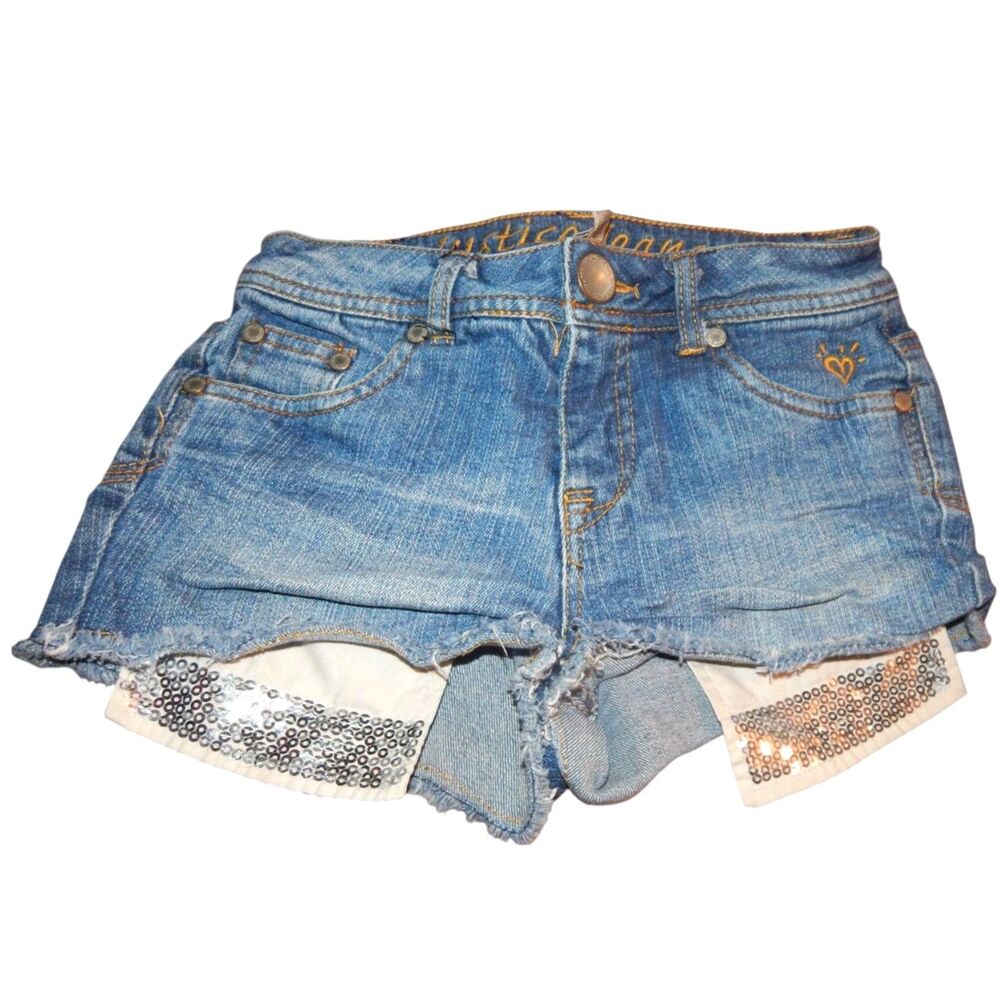 Justice Jeans girls size 8 raw hem blue denim shorts sequin pocket Simply Low